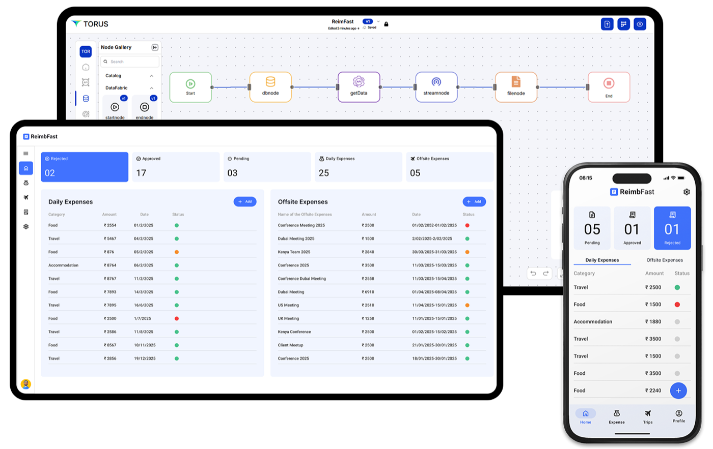 Torus low-code platform screens on desktop and mobile